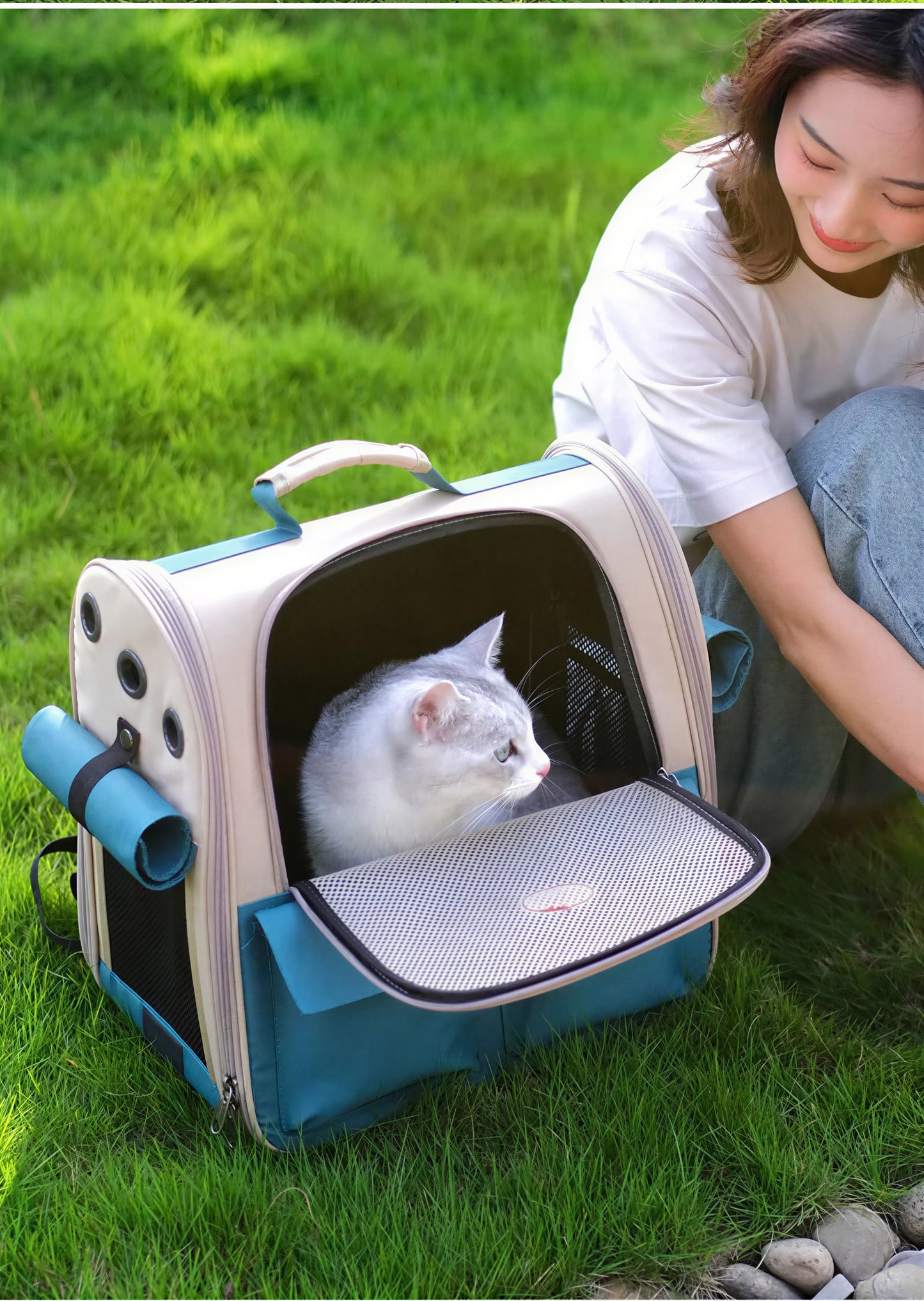 Sac à dos bleu pliable et ventilé pour chat - vue 5