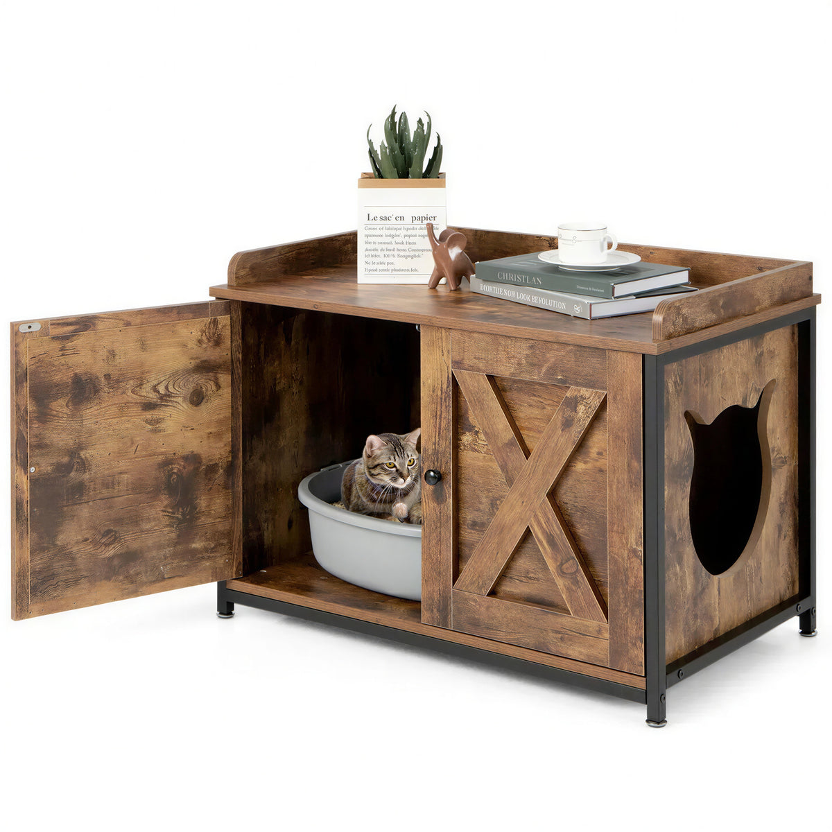 Meuble Litière Chat Style Table de Nuit Industrielle à Double Portes - vue 4