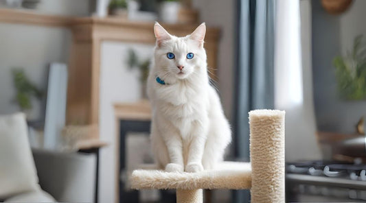 Chat blanc sur un socle d'arbre à chat dans un salon.