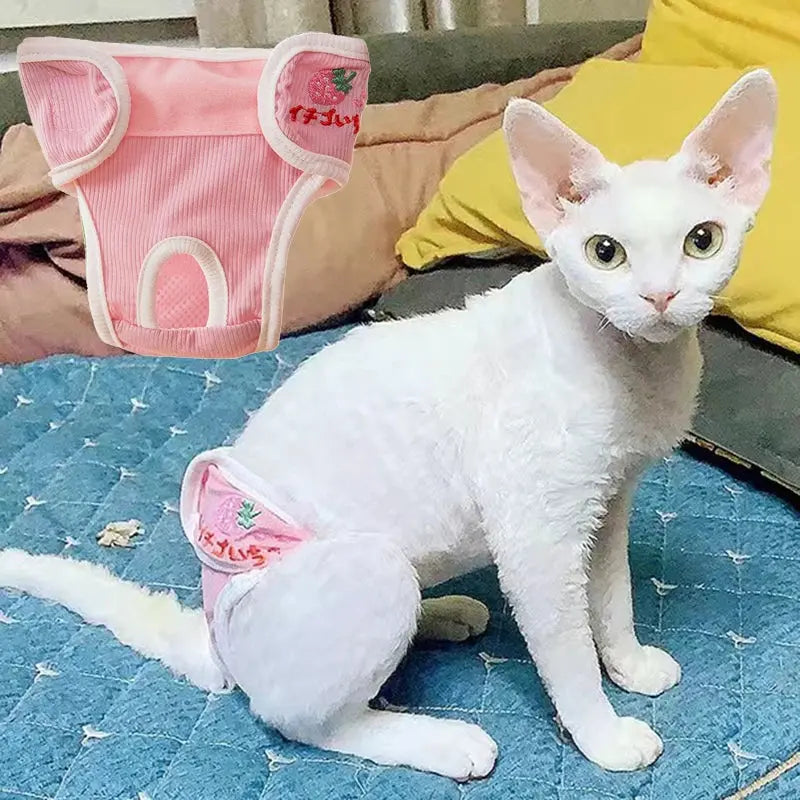 couche pour chat rose portée par chat blanc