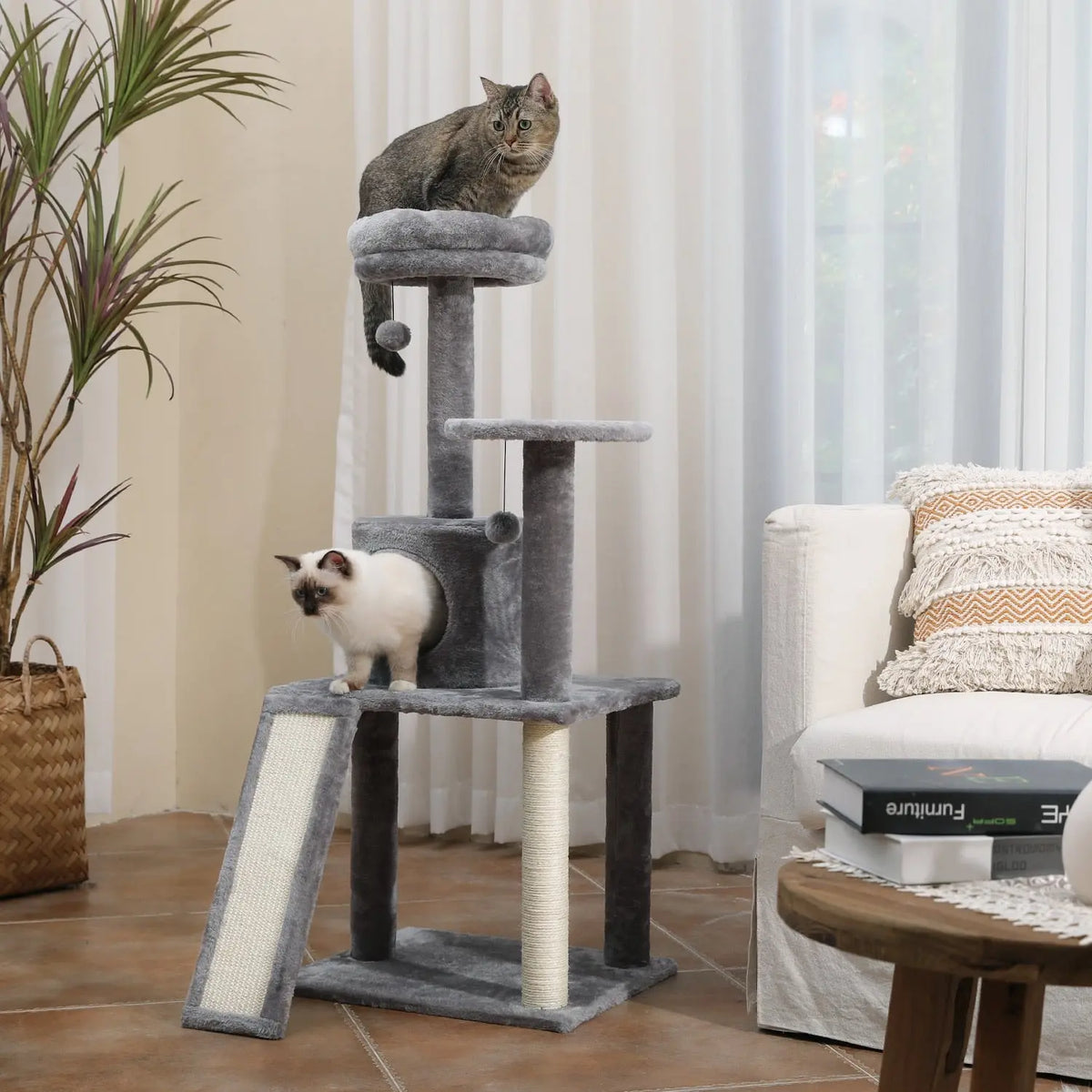arbre à chat et griffoirs gris avec deux chat à côté canapé blanc