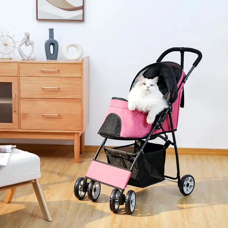 chat blanc dans poussette rose et noir dans salon