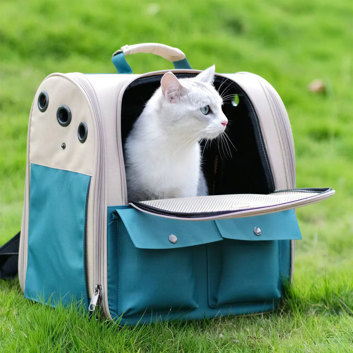 Sac à dos bleu pliable et ventilé pour chat - vue 3