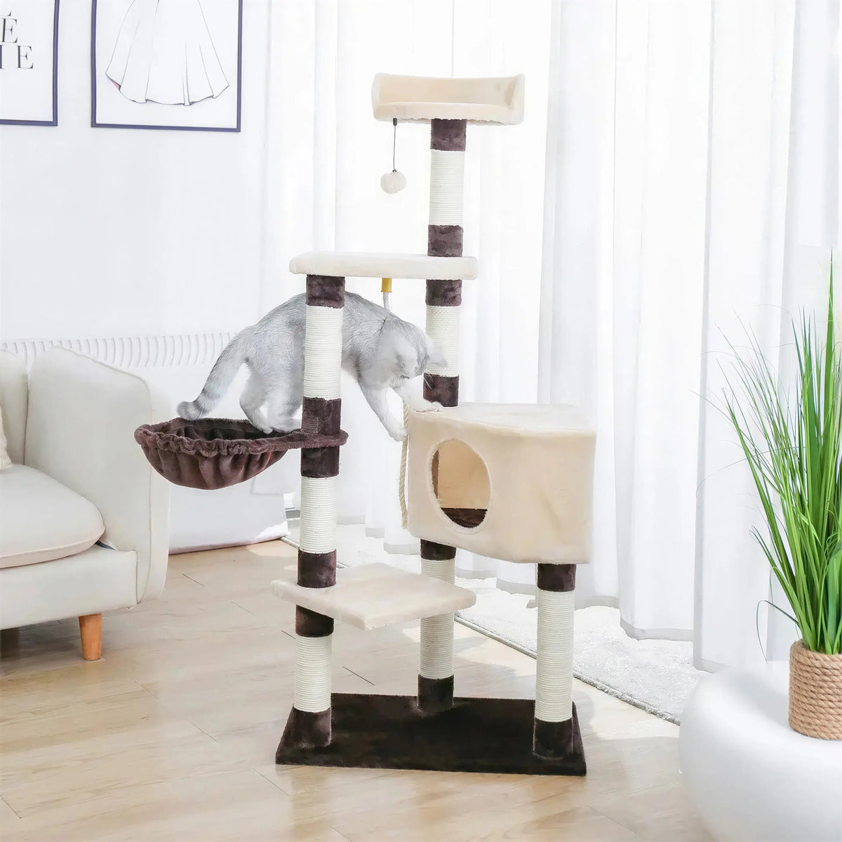 Arbre à chat XXL beige avec corde et boule Pour toi Mon chat
