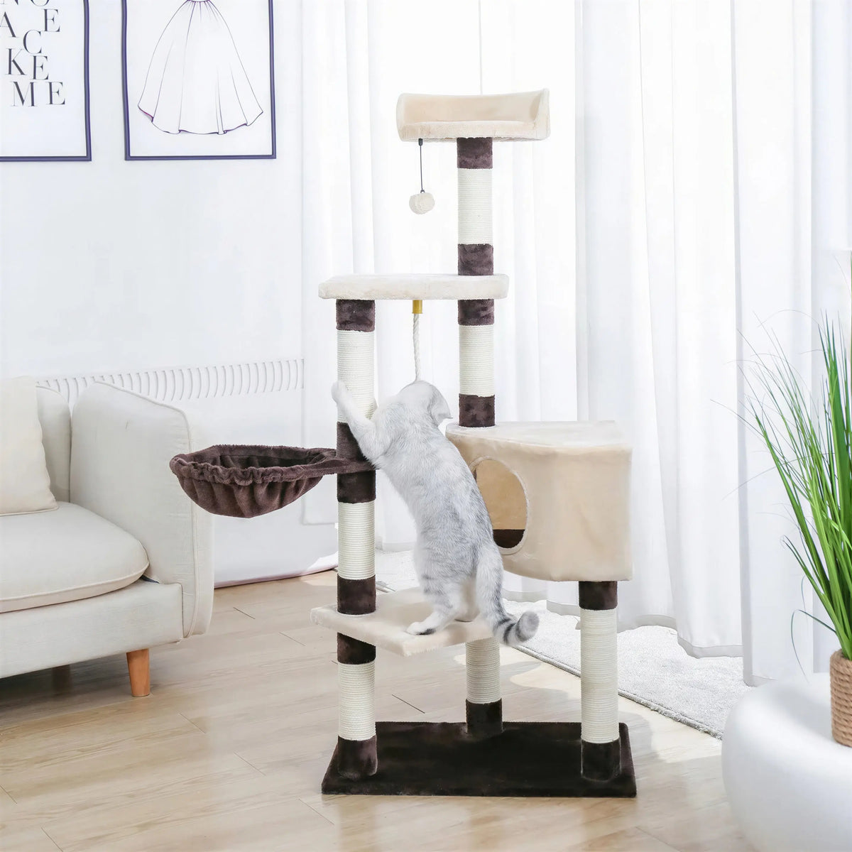 Arbre à chat XXL beige avec corde et boule Pour toi Mon chat