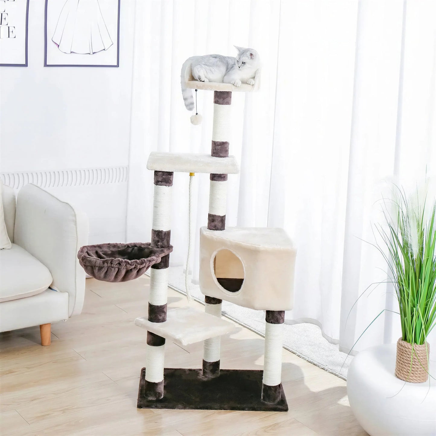 Arbre à chat XXL beige avec corde et boule Pour toi Mon chat