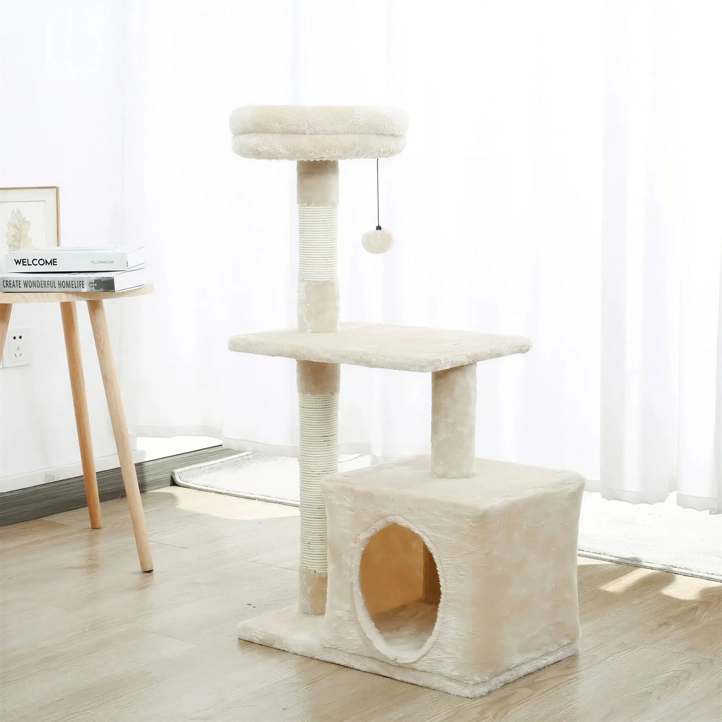 Arbre à chat XXL beige avec plateforme et boule pendante Pour toi Mon chat