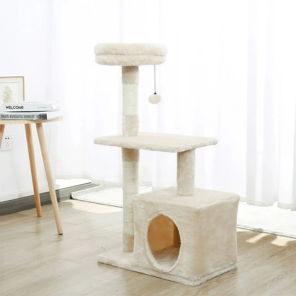 Arbre à chat XXL beige avec plateforme et boule pendante Pour toi Mon chat