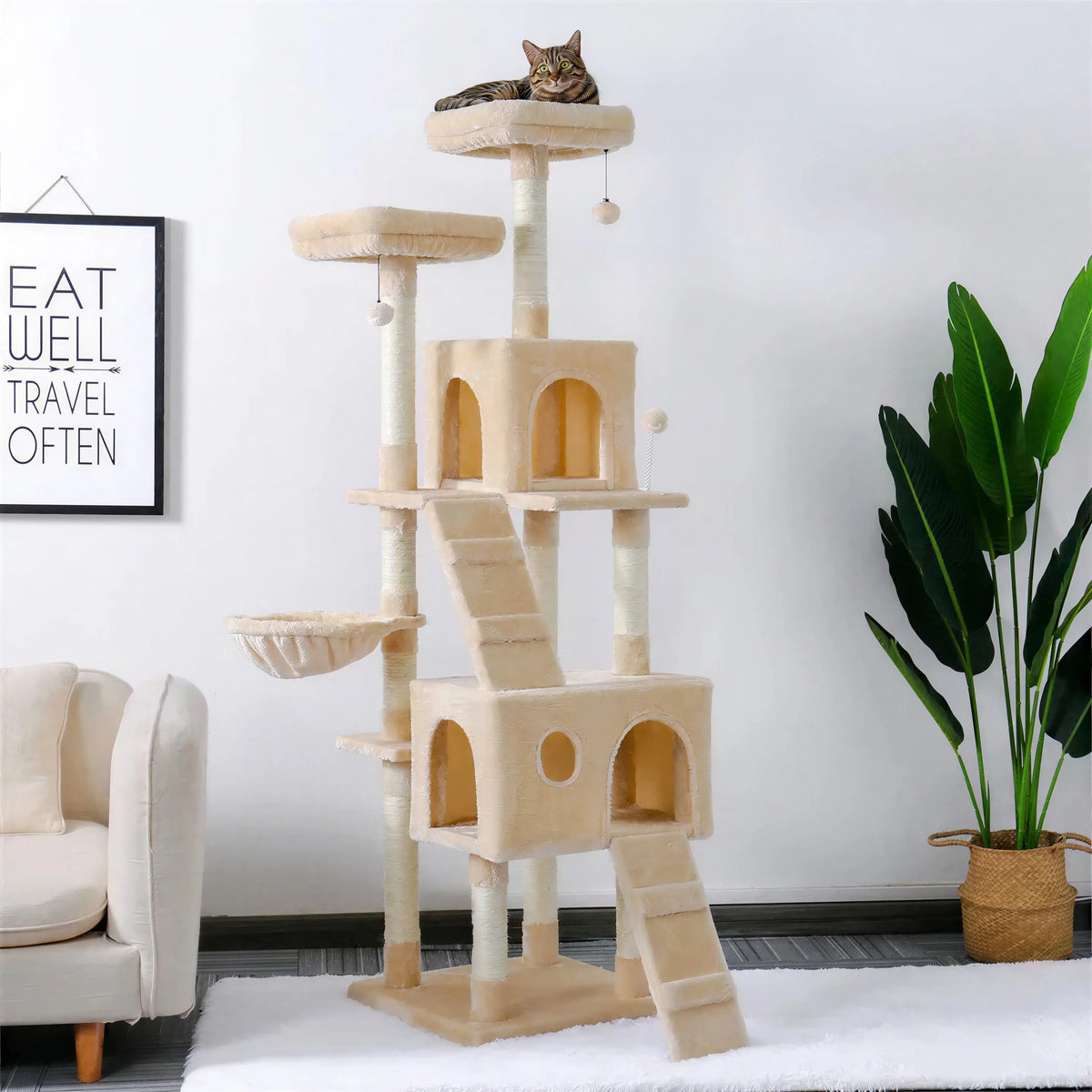 Arbre à chat XXL blanc à plusieurs niveaux avec perchoirs confortables Pour toi Mon chat