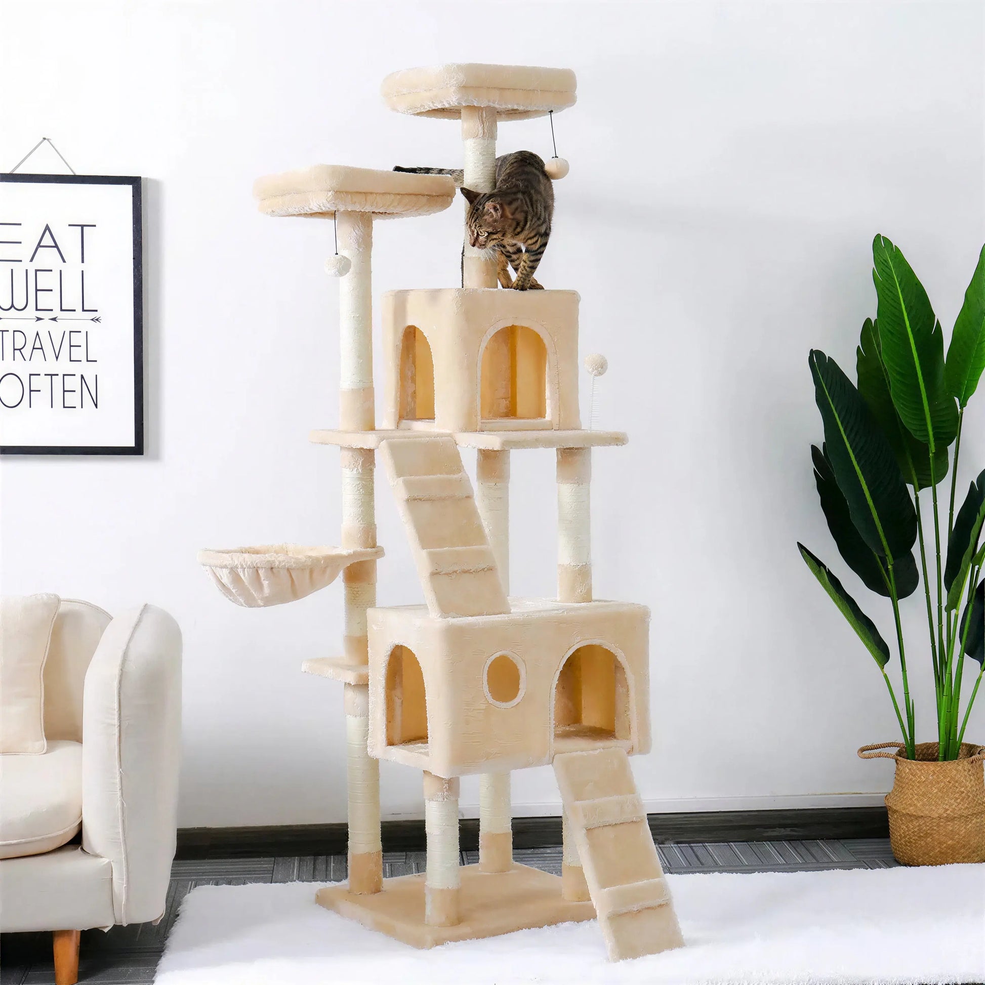 Arbre à chat XXL blanc à plusieurs niveaux avec perchoirs confortables Pour toi Mon chat