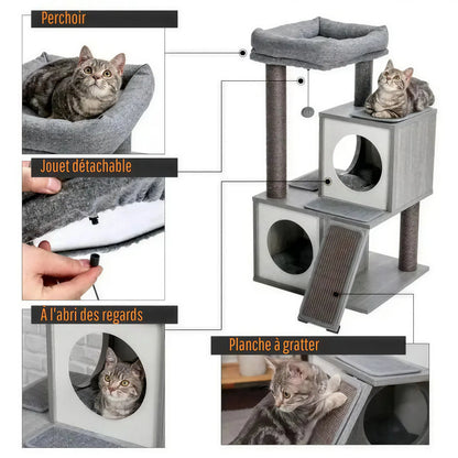 Arbre à chat XXL gris à plusieurs niveaux avec grattoir en sisal Pour toi Mon chat