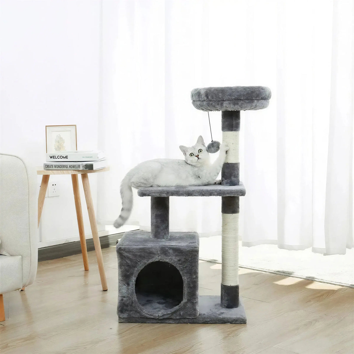 Arbre à chat XXL gris avec plateforme et boule pendante Pour toi Mon chat