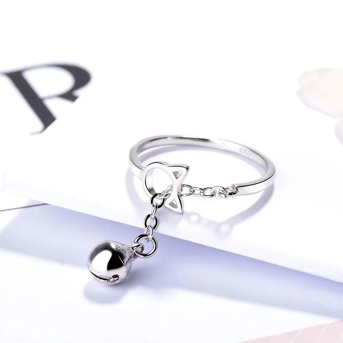Bague avec anneau en tête de chat et pendentif avec une cloche Pour toi Mon chat