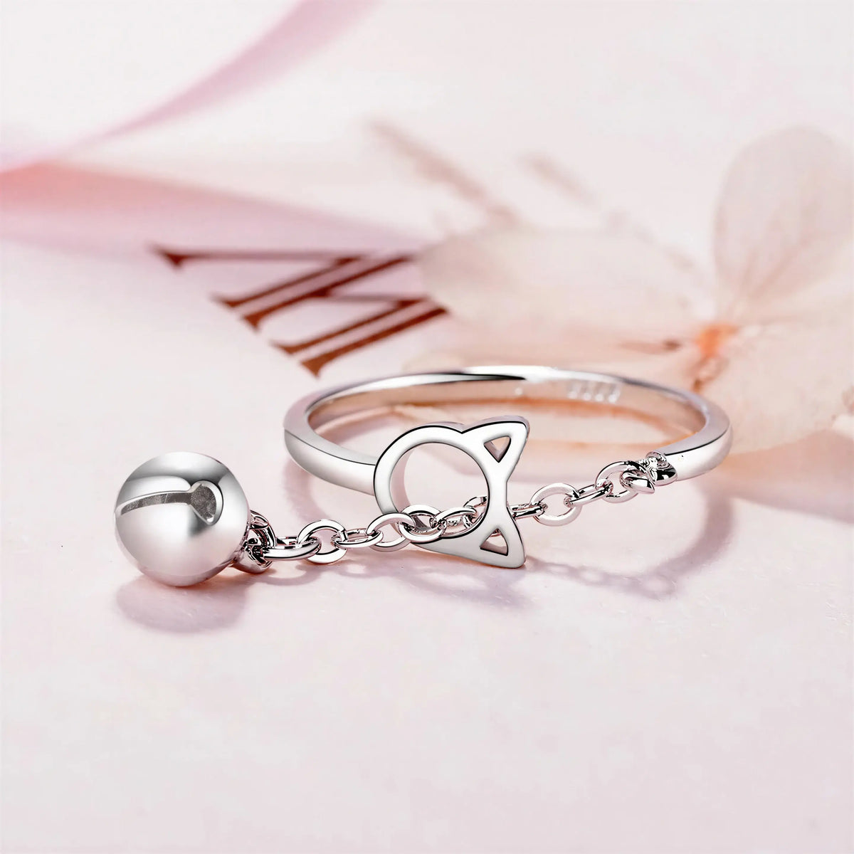 Bague avec anneau en tête de chat et pendentif avec une cloche Pour toi Mon chat