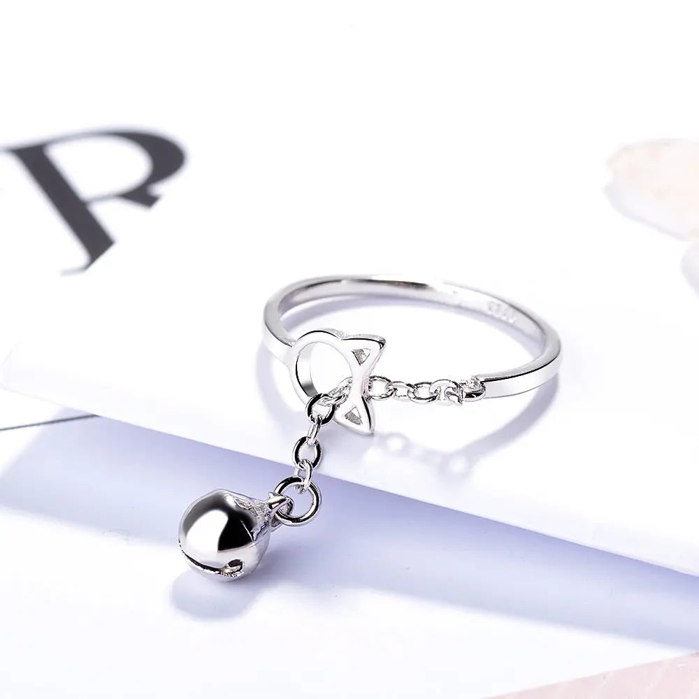 Bague avec anneau en tête de chat et pendentif avec une cloche Pour toi Mon chat