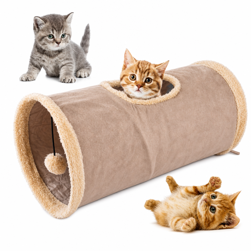Tunnel de jeu pliable avec pompon en tissu suédé pour chat Pour toi Mon chat
