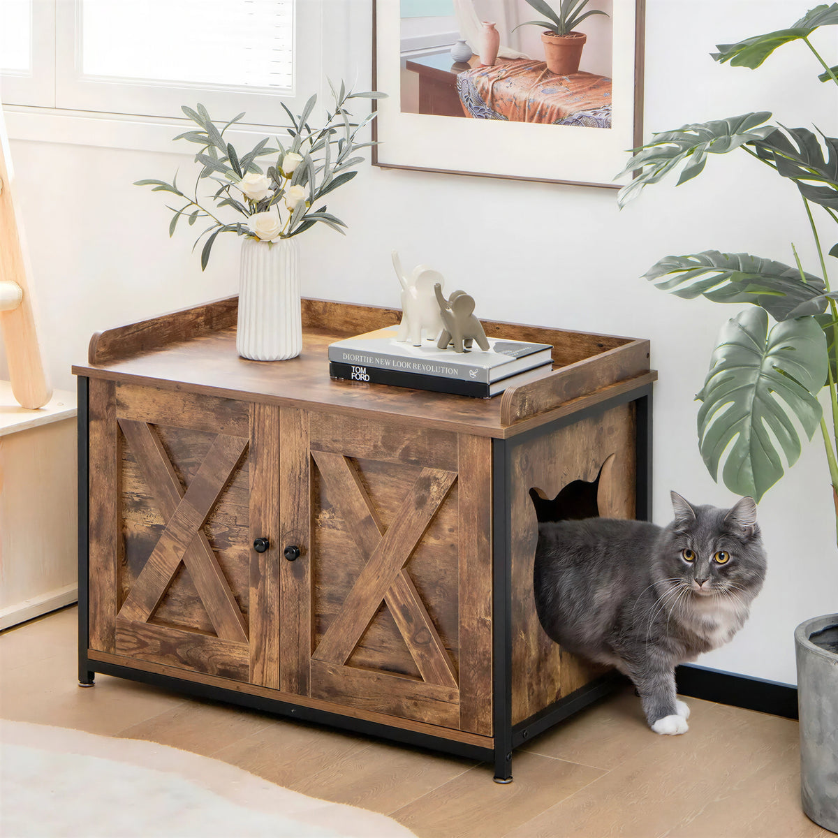 Meuble Litière Chat Style Table de Nuit Industrielle à Double Portes - vue 2