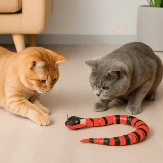 Jouet pour Chat - Serpent Interactif deux chats un roux un gris devant un canapé et un pot de fleur jouent avec le serpent sur le sol beige