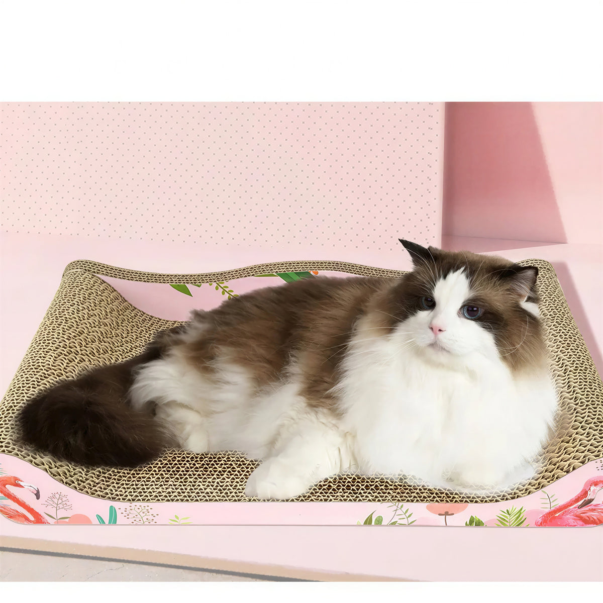 Planche à gratter pour chat en papier ondulé avec dessins de flamands roses - vue 2