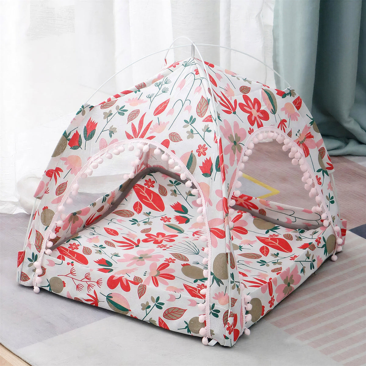 Tente pour chat pliable et portable en maille avec dessins de fleurs et plantes - vue 3