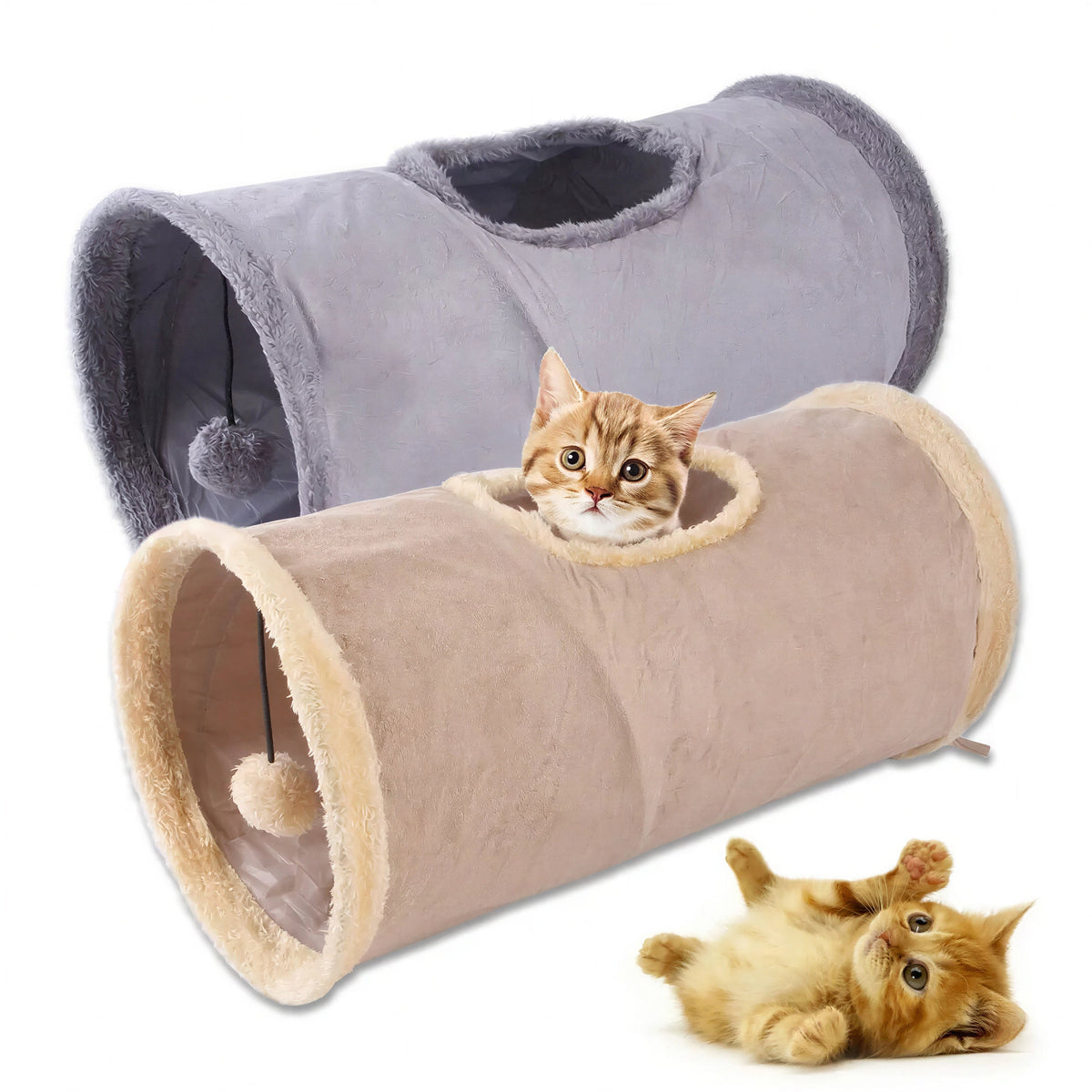 Tunnel de jeu pliable avec pompon en tissu suédé pour chat Pour toi Mon chat