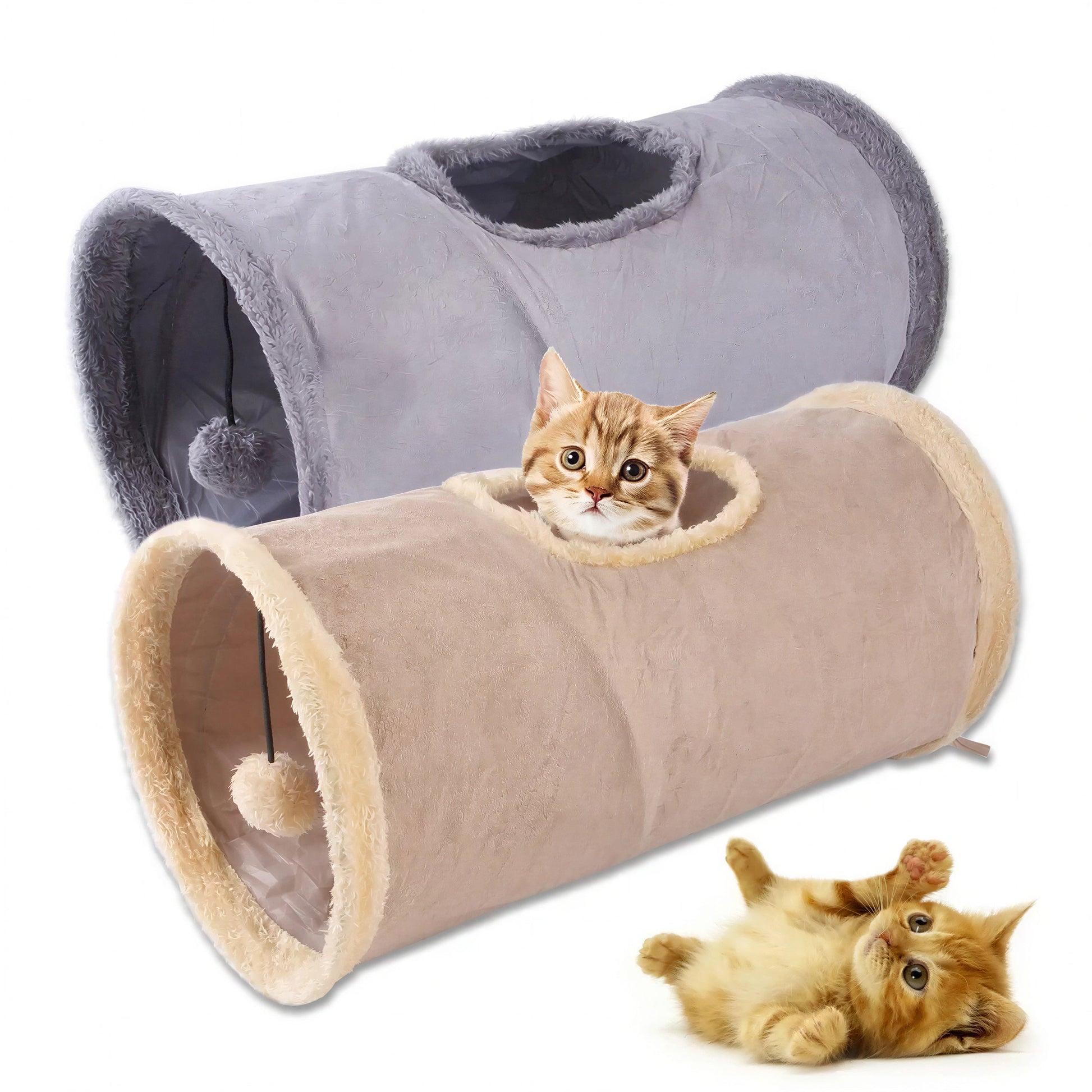 Tunnel de jeu pliable avec pompon en tissu suédé pour chat Pour toi Mon chat