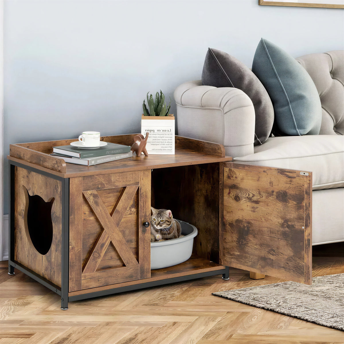 Meuble Litière Chat Style Table de Nuit Industrielle à Double Portes - vue 3