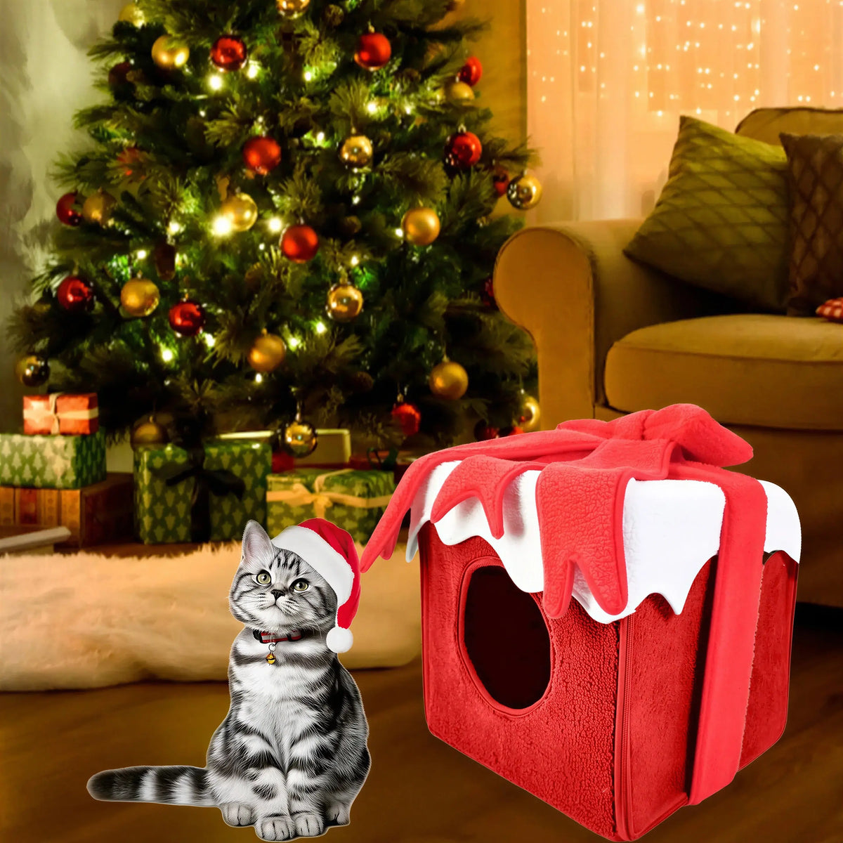 Noël cabane Lit pour Chat et Chien, fermée, doux et confortable - NoëlChatCadeau™ Pour toi Mon chat