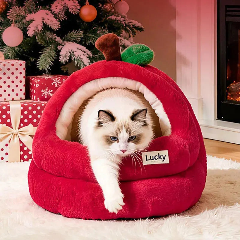 Semi-Enclosed Luxury Red Apple Cat House Large-size Detachable Cushion Warm Sleeping Kitten Cave Bed Christmas Pet Supplies Pour toi Mon chat