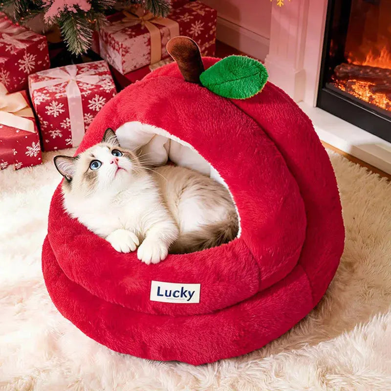 Semi-Enclosed Luxury Red Apple Cat House Large-size Detachable Cushion Warm Sleeping Kitten Cave Bed Christmas Pet Supplies Pour toi Mon chat