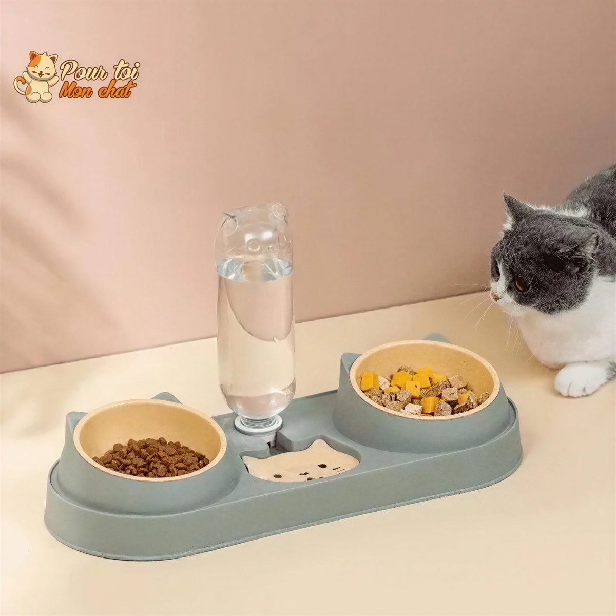 Fontaine à eau et bols à croquettes et friandises pour chat - Perfect Trio Pour toi Mon chat