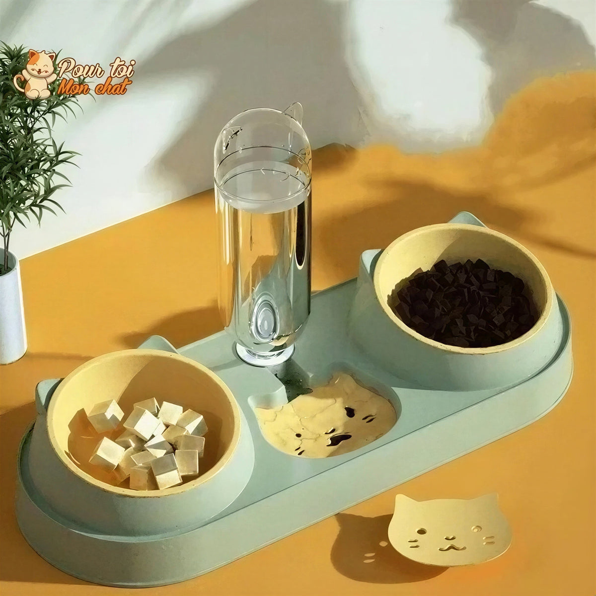 Fontaine à eau et bols à croquettes et friandises pour chat - Perfect Trio Pour toi Mon chat
