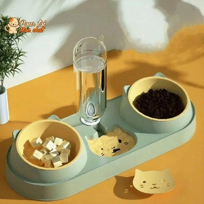 Fontaine à eau et bols à croquettes et friandises pour chat - Perfect Trio Pour toi Mon chat