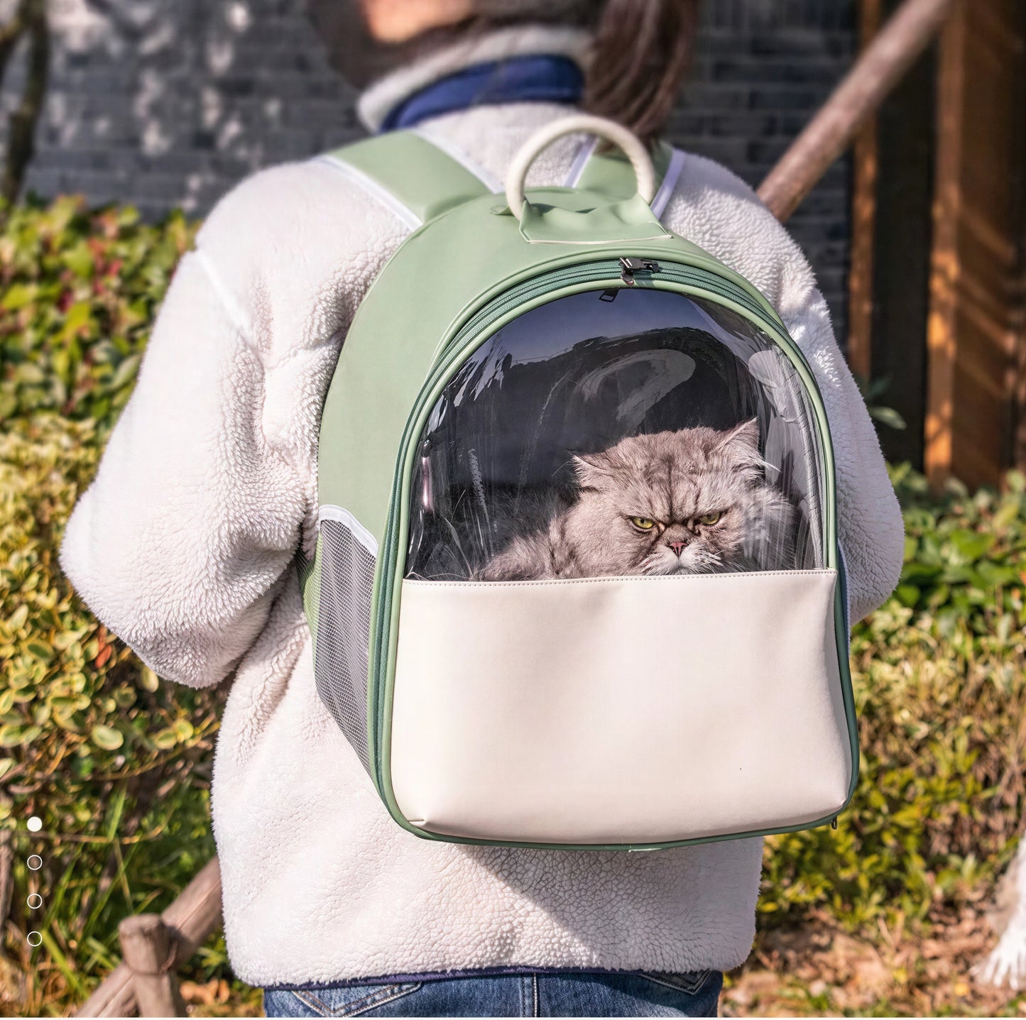 Sac à dos de voyage transparent vert pour chat - vue 3