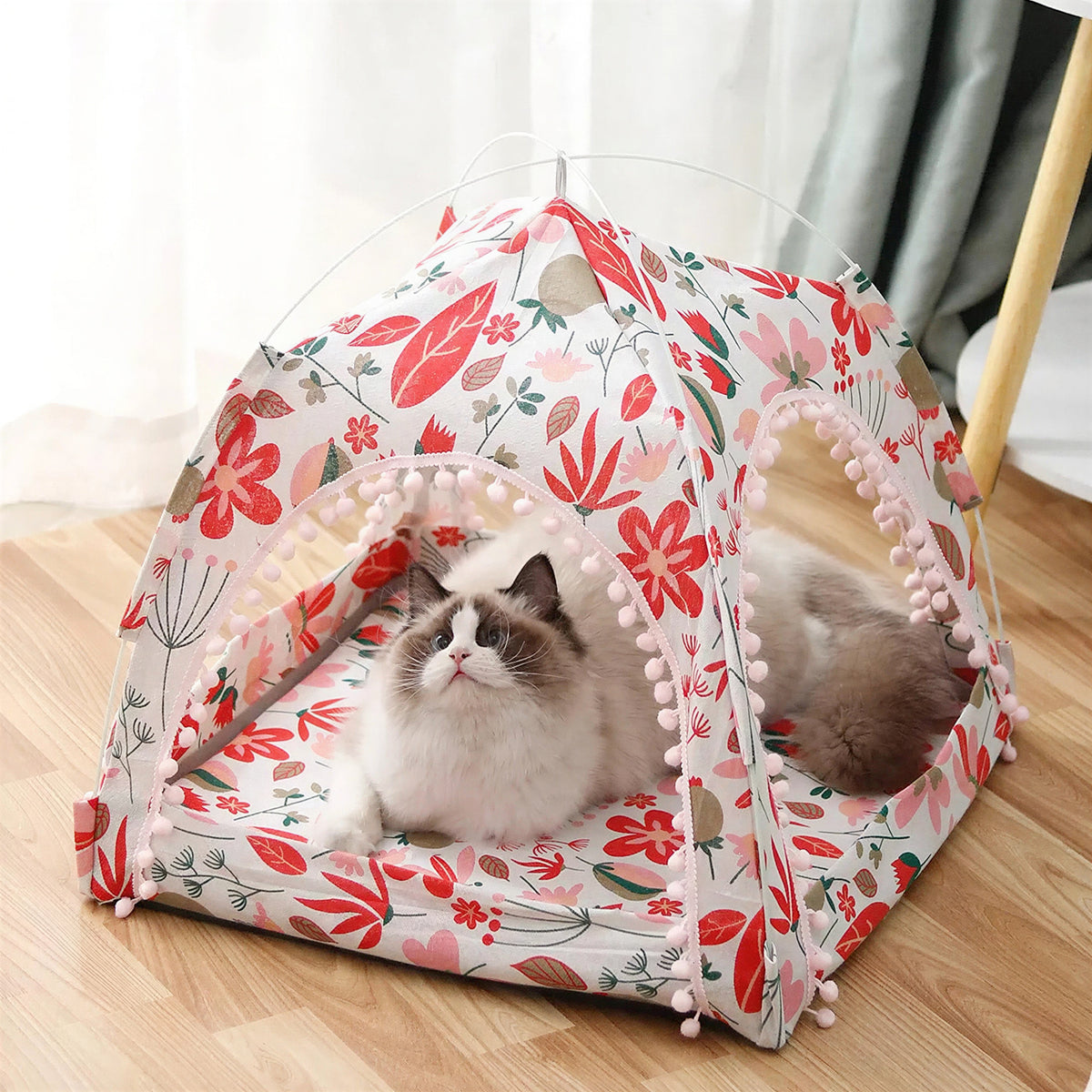 Tente pour chat pliable et portable en maille avec dessins de fleurs et plantes - vue 4