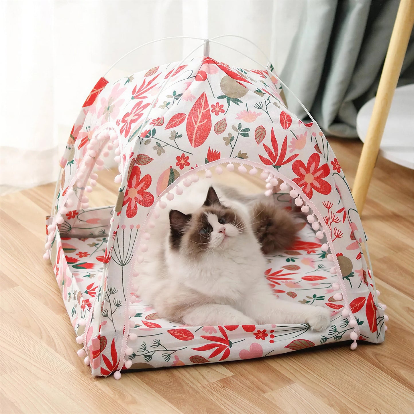 Tente pour chat pliable et portable en maille avec dessins de fleurs et plantes - vue 2