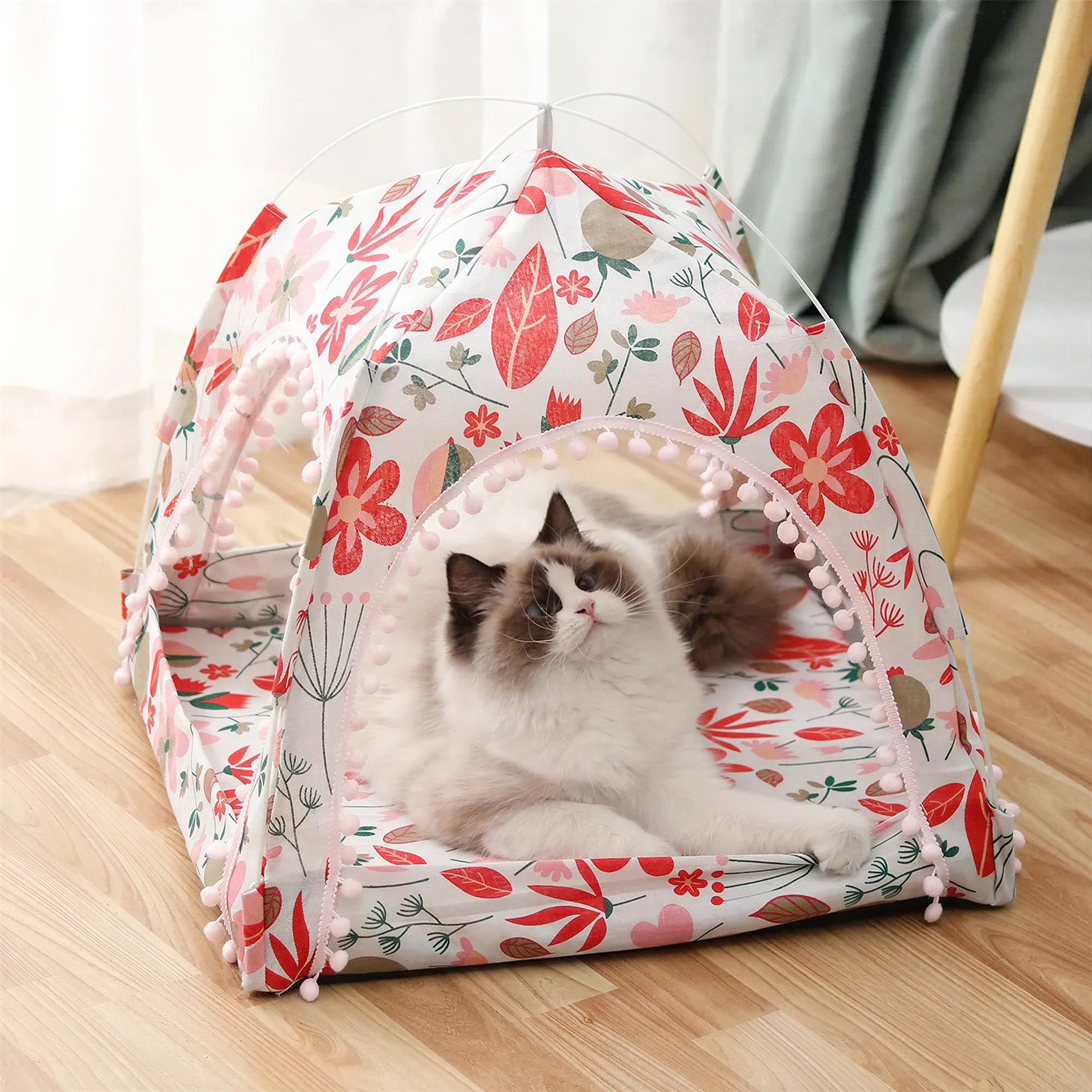 Tente pour chat pliable et portable en maille avec dessins de fleurs et plantes - vue 2