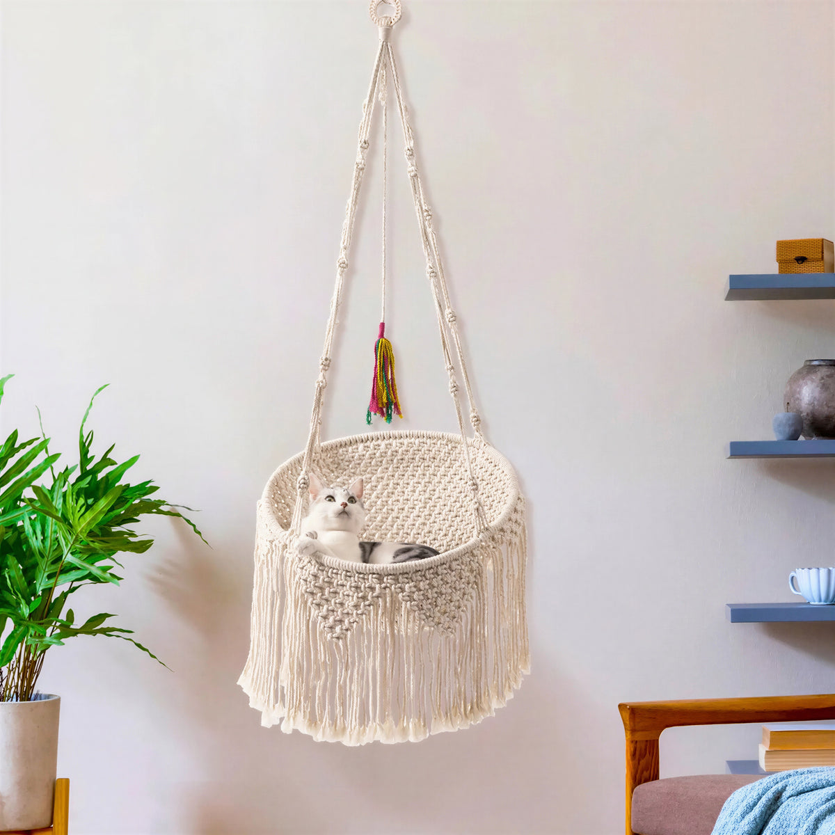 Hamac Pour Chat Rond Tissé À La Main Avec Des Franges - vue 6