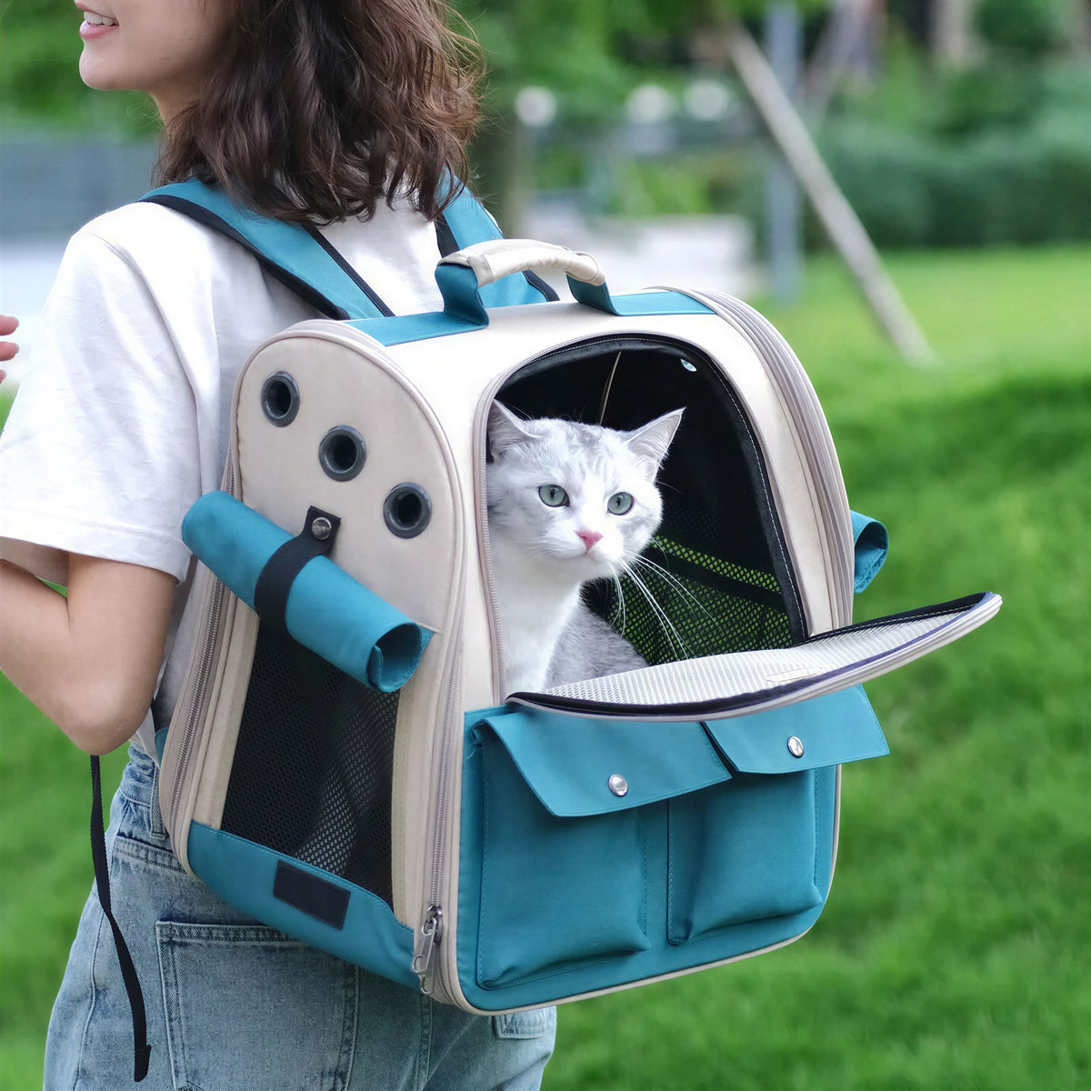 Sac à dos bleu pliable et ventilé pour chat - vue 2