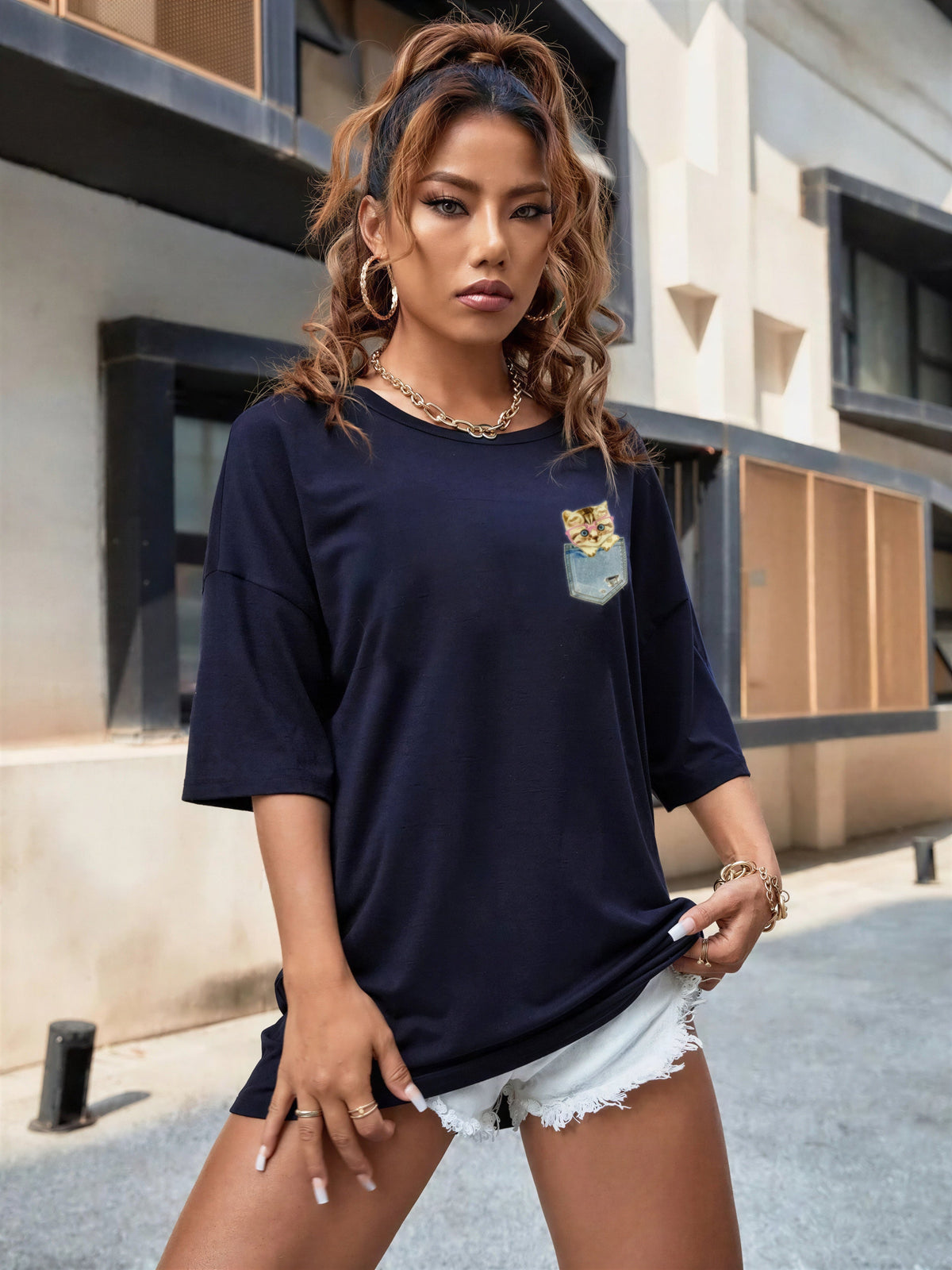 T-shirt à manches courtes avec imprimé de chat dans une poche pour femme Pour toi Mon chat