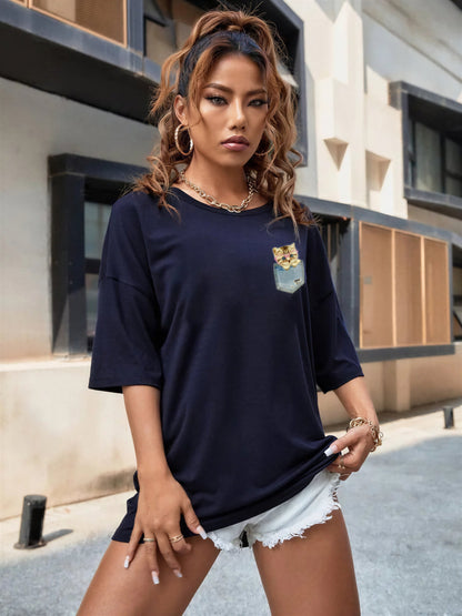 T-shirt à manches courtes avec imprimé de chat dans une poche pour femme Pour toi Mon chat