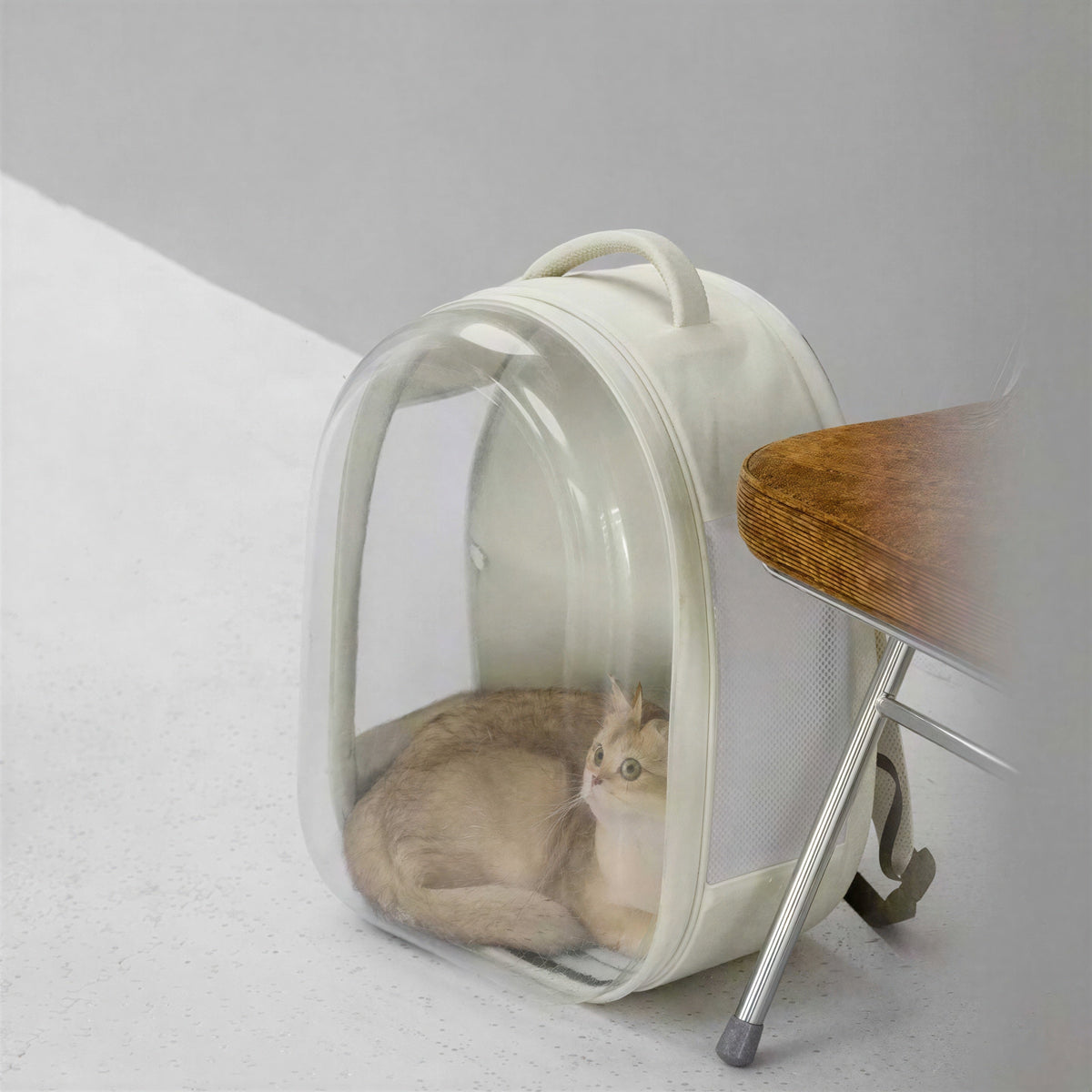 Sac à dos de transport pliable blanc en cuir avec un côté transparent pour chat Pour toi Mon chat