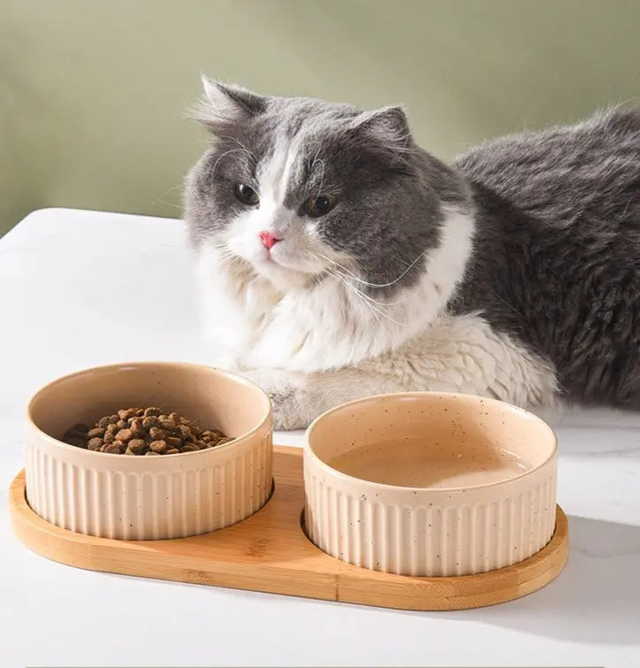 Bol en céramique avec tapis en bois pour chat Pour toi Mon chat